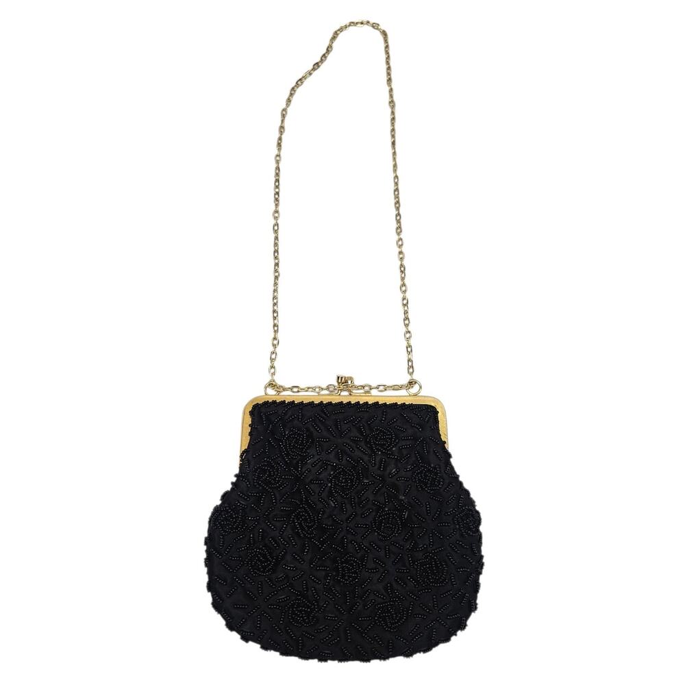 Vintage 1950s Mid Century Beaded Black Evening Bag Gold Chain Formal Purse Roses